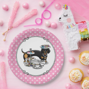 Cute Tea Party Dachshund Dog (black & tan) Funny Paper Plate