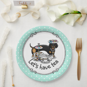 Cute Tea Party Dachshund Dog (black & tan) Funny Paper Plate