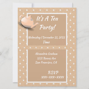 Cute Tea Party Invitation Beige Polka Dot Teapot