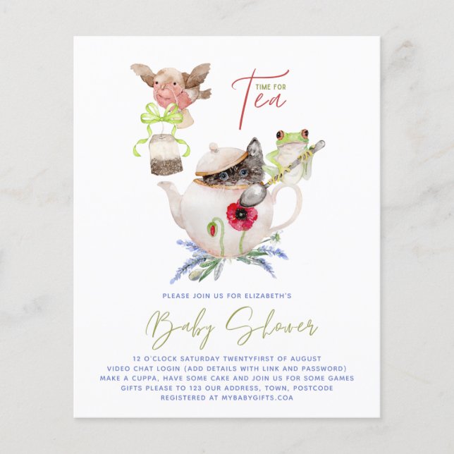 Cute Tea Party Invitations for Baby Shower Budget (Front)
