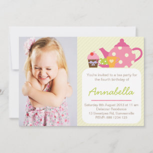 Cute Tea Party Kids Photo Birthday Invitation