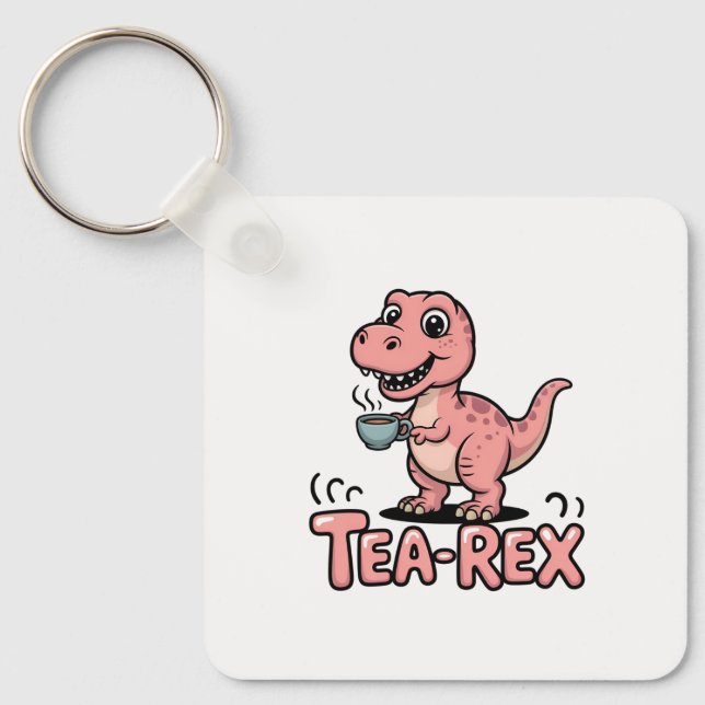 Cute Tea-Rex Pink Dinosaur – Sip Happens! Key Ring (Front)