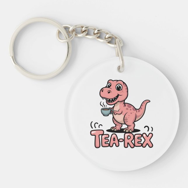 Cute Tea-Rex Pink Dinosaur – Sip Happens! Key Ring (Front)