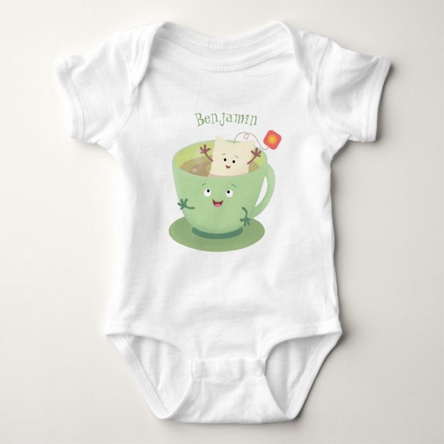 Cute teabag cup cartoon humour character baby bodysuit (Front)