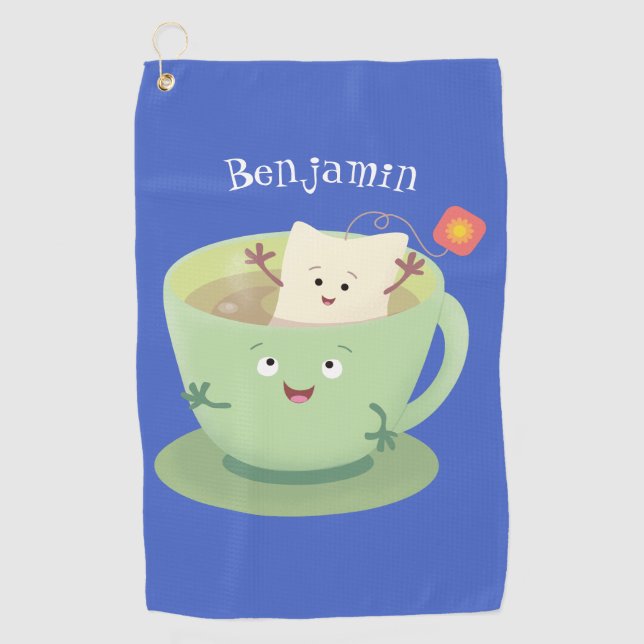 Cute teabag cup cartoon humour character golf towel (Front)