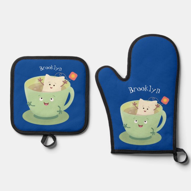 Cute teabag cup cartoon humour character oven mitt & pot holder set (Front)