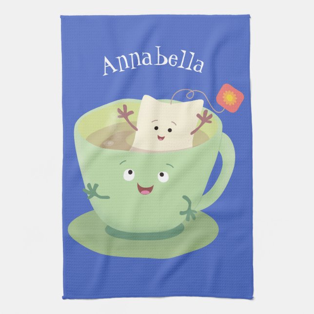 Cute teabag cup cartoon humour character tea towel (Vertical)