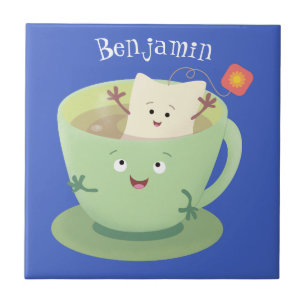 Cute teabag cup cartoon humour character tile