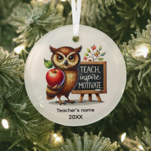 Cute Teach Inspire Motivate add name year  Glass Tree Decoration