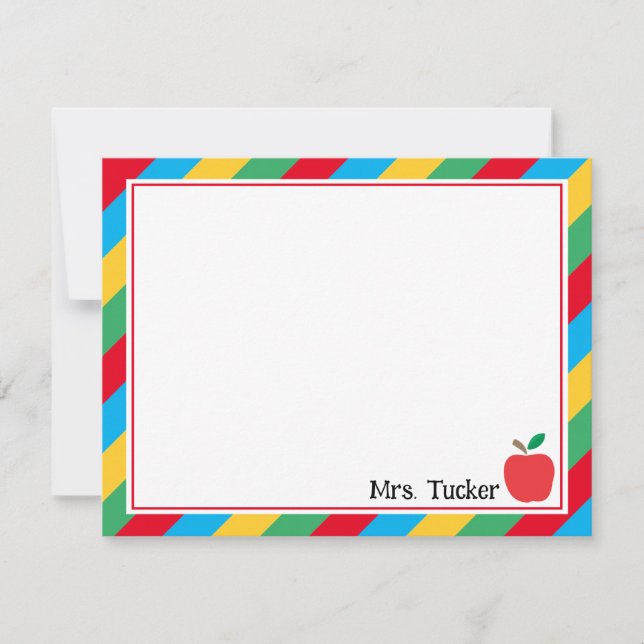 Cute Teacher Apple & Colourful Stripes Stationery Card (Front)