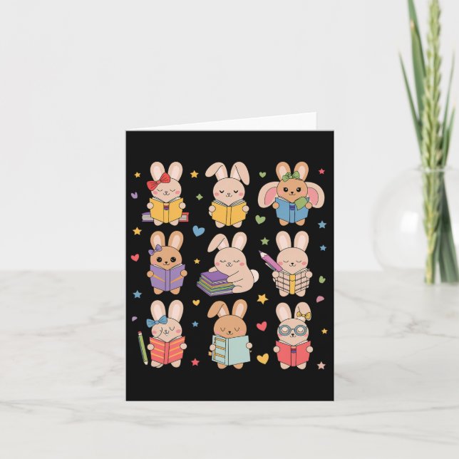 Cute Teacher Bunny Rabbit Reading Easter Bunnies B Card (Front)
