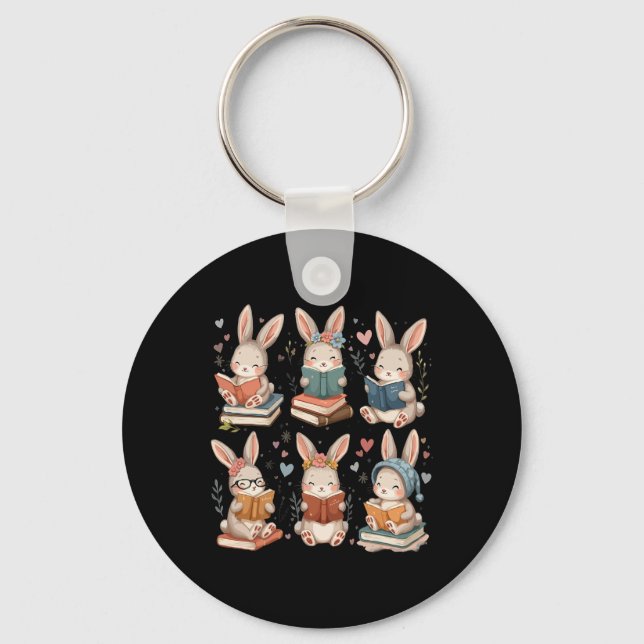 Cute Teacher Bunny Rabbit Reading Easter Bunnies B Key Ring (Front)