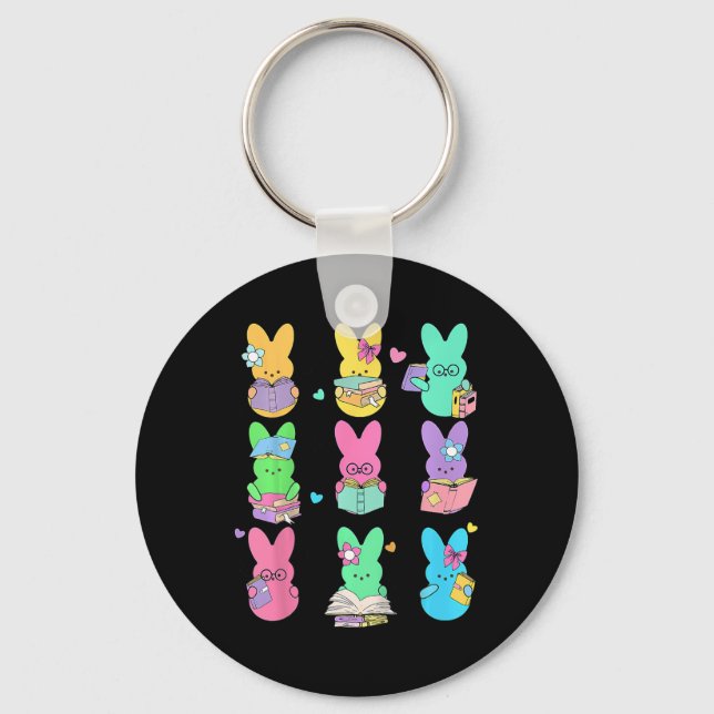 Cute Teacher Bunny Rabbit Reading Easter Bunnies B Key Ring (Front)