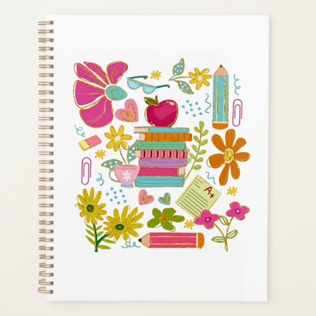 Cute Teacher Doodle Art – Books, Flowers & School Planner (Front)