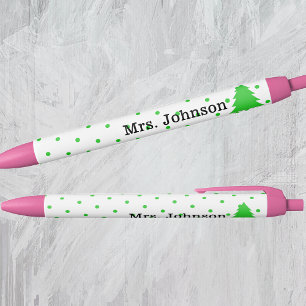 Cute Teacher Name, Green Polka Dots, Tree Black Ink Pen
