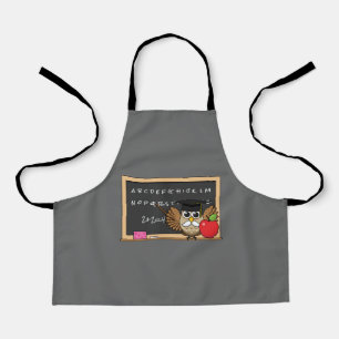 Cute Teacher Owl with Apple Cartoon Apron