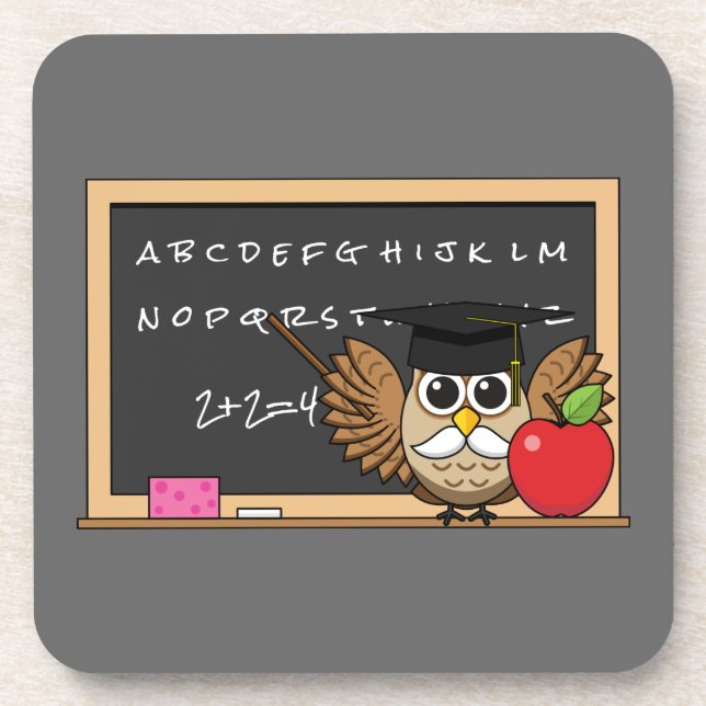 Cute Teacher Owl with Apple Cartoon Coaster (Front)