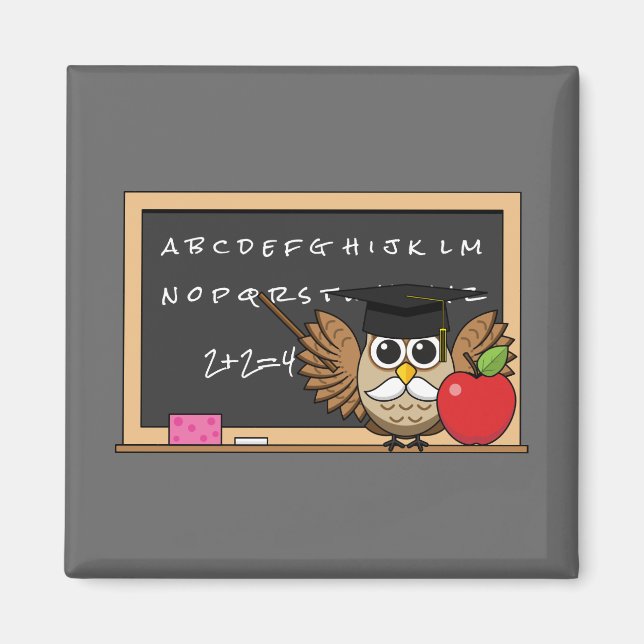 Cute Teacher Owl with Apple Cartoon Magnet (Front)