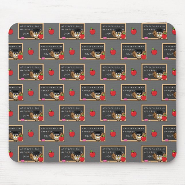 Cute Teacher Owl with Apple Cartoon Mouse Pad (Front)