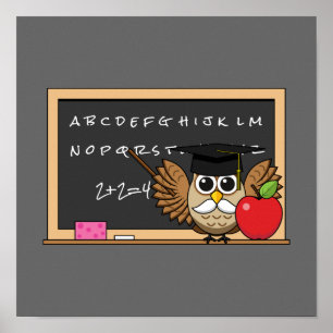 Cute Teacher Owl with Apple Cartoon Poster
