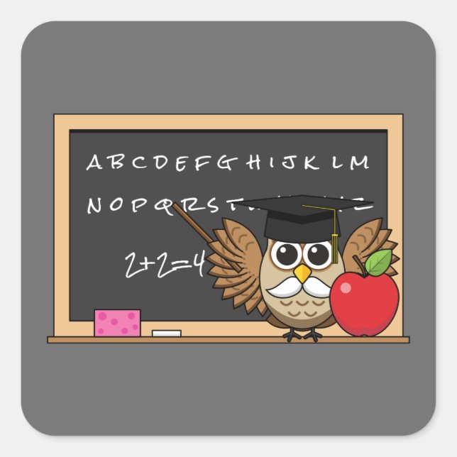 Cute Teacher Owl with Apple Cartoon Square Sticker (Front)