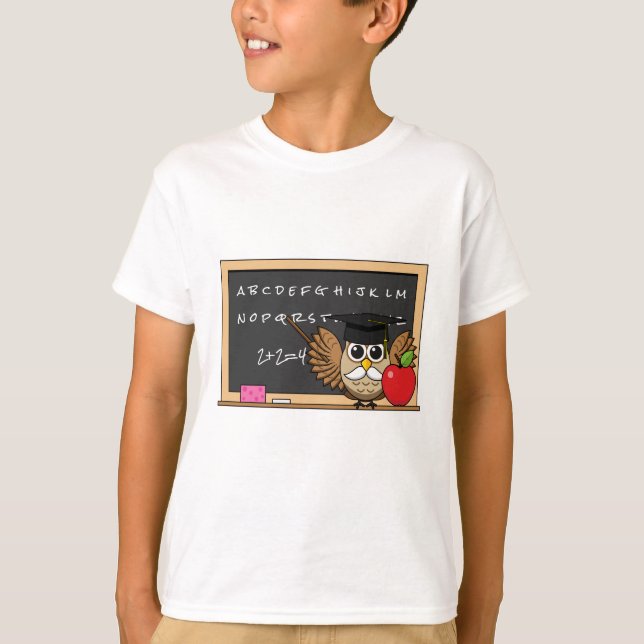 Cute Teacher Owl with Apple Cartoon T-Shirt (Front)
