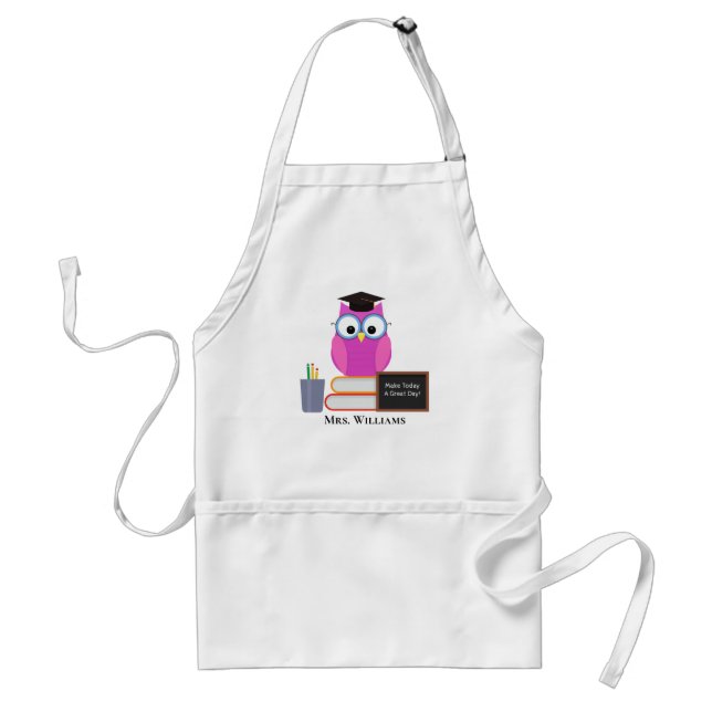 Cute Teacher Pink Owl Back To School Monogram Standard Apron (Front)