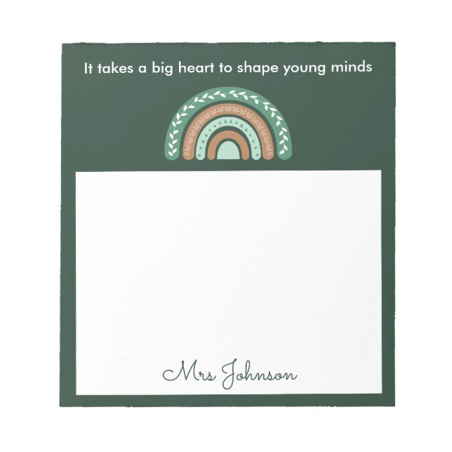 Cute Teachers Boho Rainbow on Green Notepad (Front)