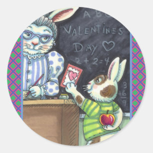 CUTE TEACHER'S PET, APPLE & VALENTINE BUNNY RABBIT CLASSIC ROUND STICKER