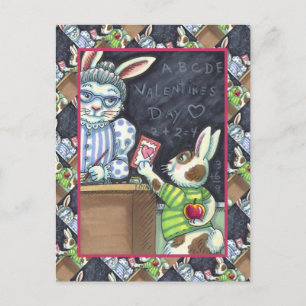 CUTE TEACHER'S PET, APPLE & VALENTINE BUNNY RABBIT HOLIDAY POSTCARD