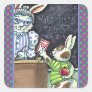 CUTE TEACHER'S PET, APPLE & VALENTINE BUNNY RABBIT SQUARE STICKER