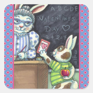 CUTE TEACHER'S PET, APPLE & VALENTINE BUNNY RABBIT SQUARE STICKER