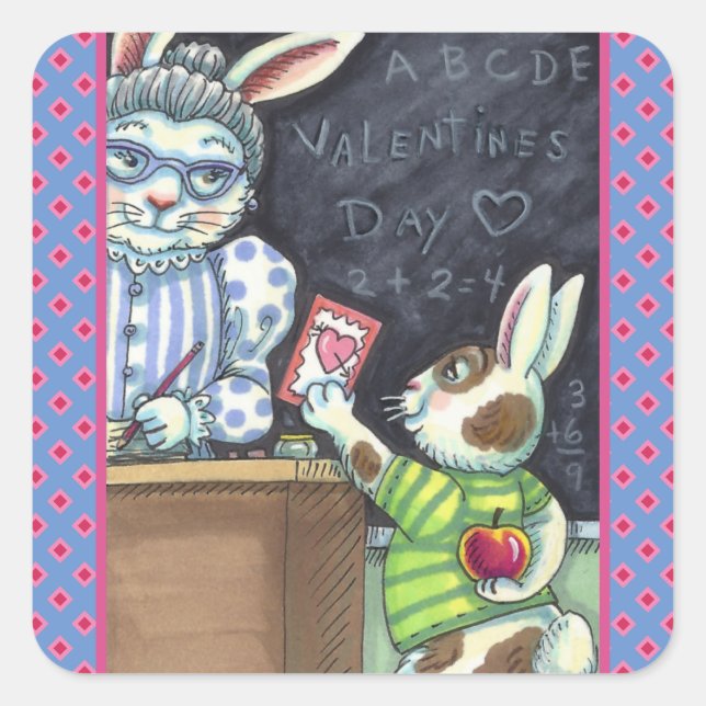 CUTE TEACHER'S PET, APPLE & VALENTINE BUNNY RABBIT SQUARE STICKER (Front)