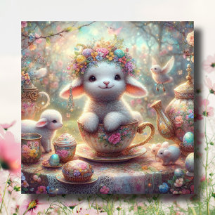 Cute Teacup Lamb Pastel Floral Watercolor Easter Holiday Card