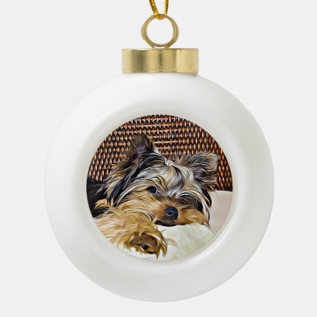 Cute Teacup Yorkie Yorkshire Terrier Digital Art Ceramic Ball Christmas Ornament (Front)