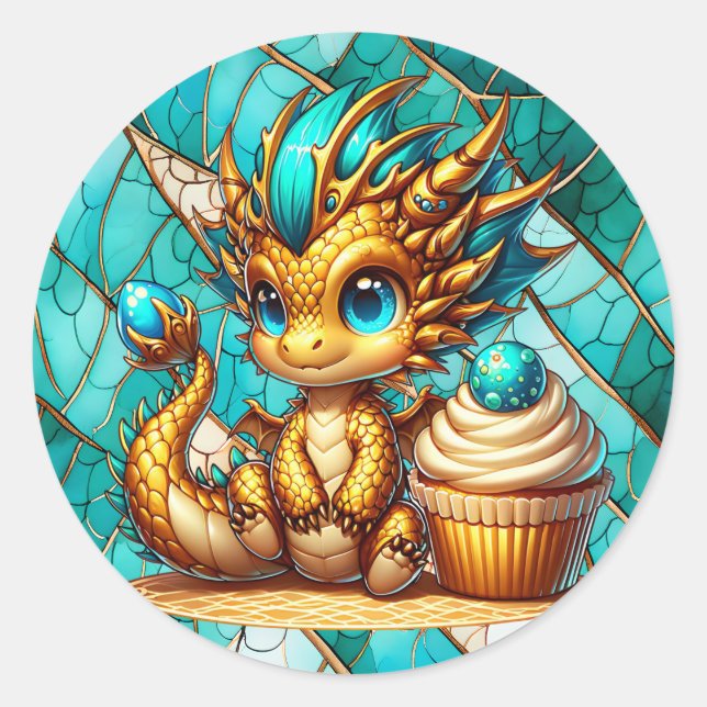 Cute Teal and Gold Dragon Boy's Birthday Party Classic Round Sticker (Front)