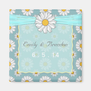Cute Teal and White Floral Daisy Wedding Magnet