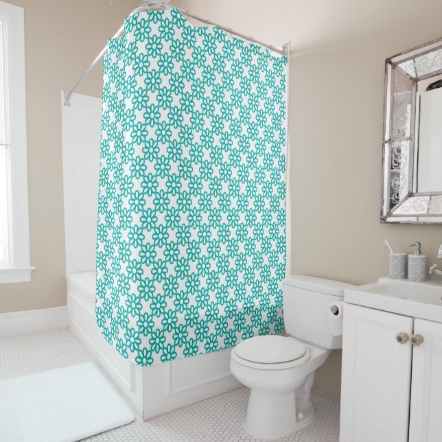 Cute Teal and White Floral Pattern Shower Curtain (In Situ)