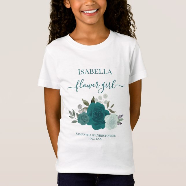 Cute Teal & Aqua Roses Flower Girl Gift Wedding T-Shirt (Front)