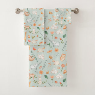 Cute Teal Baby Animal Pastel Pattern Bath Towel Set