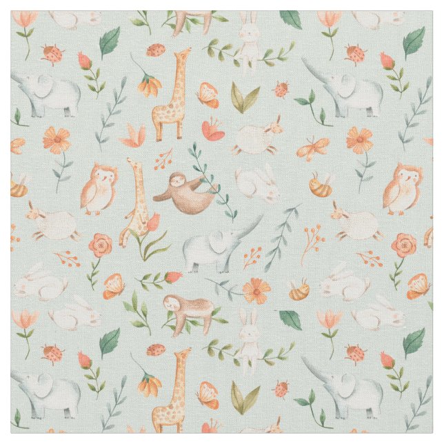 Cute Teal Baby Animal Pastel Pattern Fabric (Close Up)