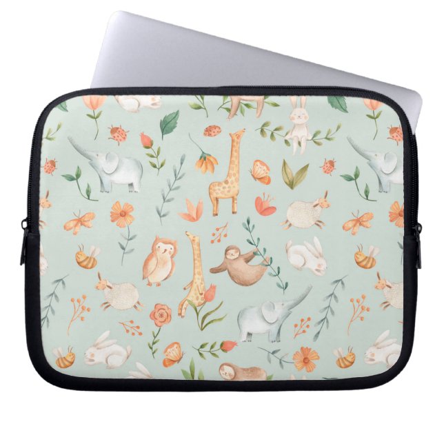Cute Teal Baby Animal Pastel Pattern Laptop Sleeve (Front)