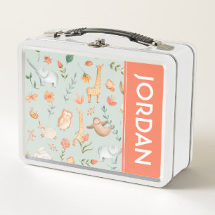 Cute Teal Baby Animal Pastel Pattern Metal Lunch Box