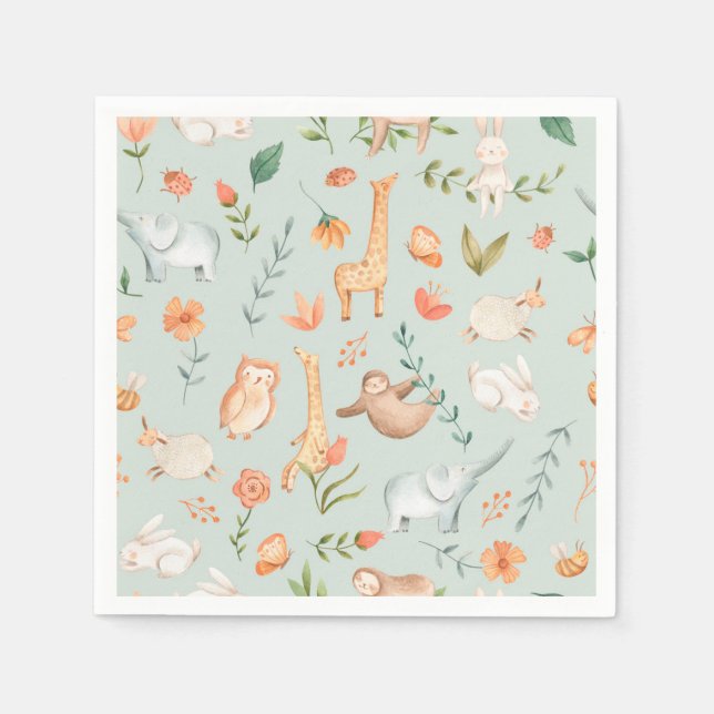 Cute Teal Baby Animal Pastel Pattern Napkin (Front)