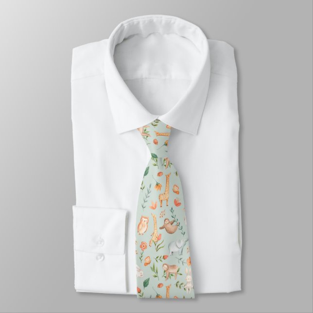 Cute Teal Baby Animal Pastel Pattern Tie (Tied)