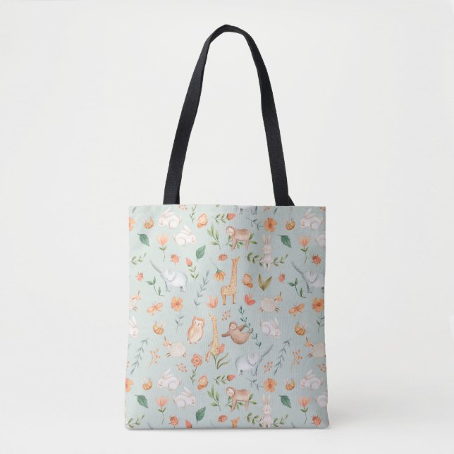 Cute Teal Baby Animal Pastel Pattern Tote Bag (Front)