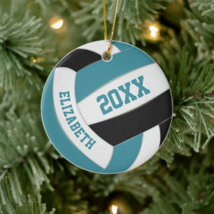 cute teal black white girly volleyball ceramic tree decoration