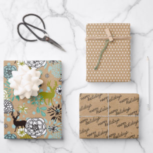 Cute Teal Blue Green Floral And Deer Art Pattern Wrapping Paper Sheet