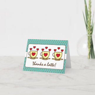 Cute Teal Blue Thanks A Latte With Hearts Coffee Thank You Card