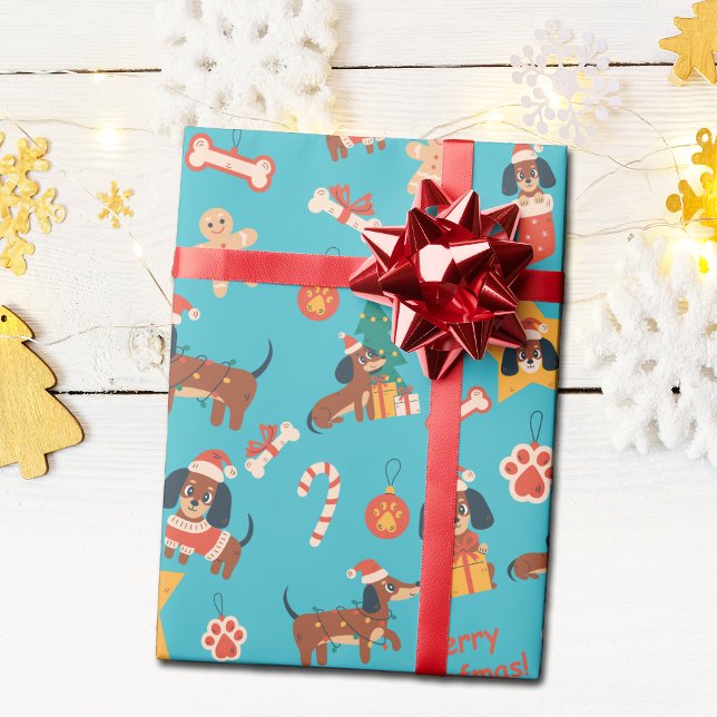 Cute Teal Christmas Dachshund Merry Woofmas Wrapping Paper (Cute festive Dachshund wrapping paper in teal, perfect for Dachshund dog lovers and the pups too!)
